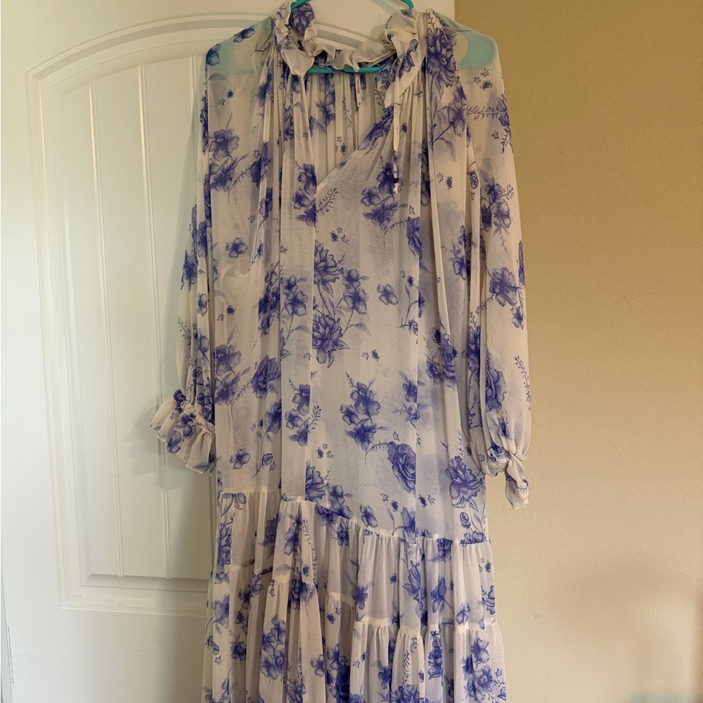 Free People White Maxi Dress with Blue Floral Print